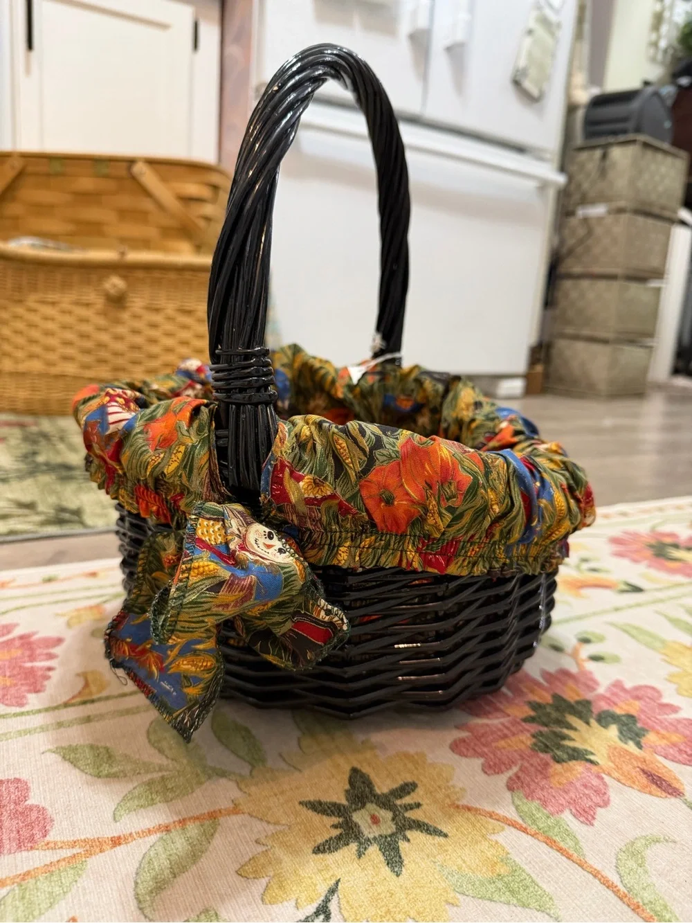 Vintage Autumn Fabric Lined Black Wicker Basket Colorful Autumn Primitives